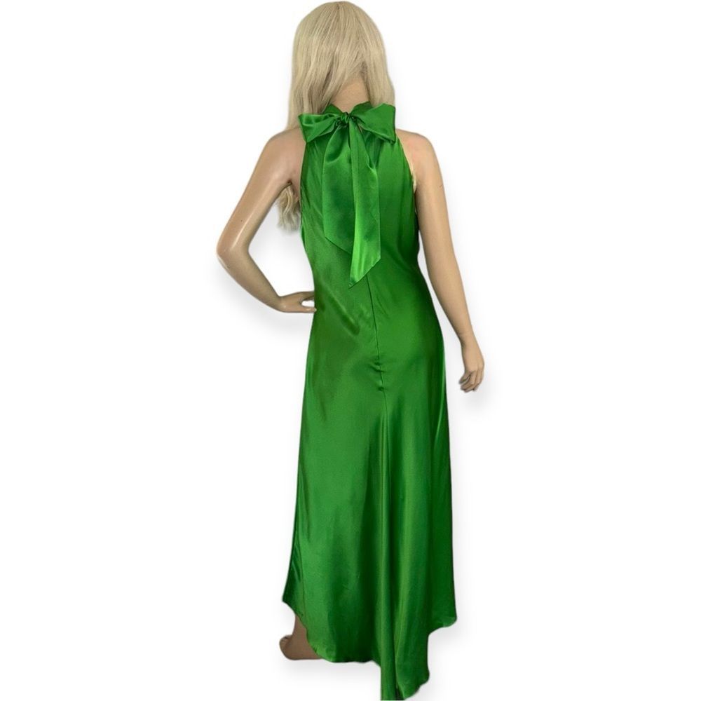 FRAME Draped Neck Tie Halter Dress in Bright Peridot Silk Size Large NEW - Picture 7 of 16
